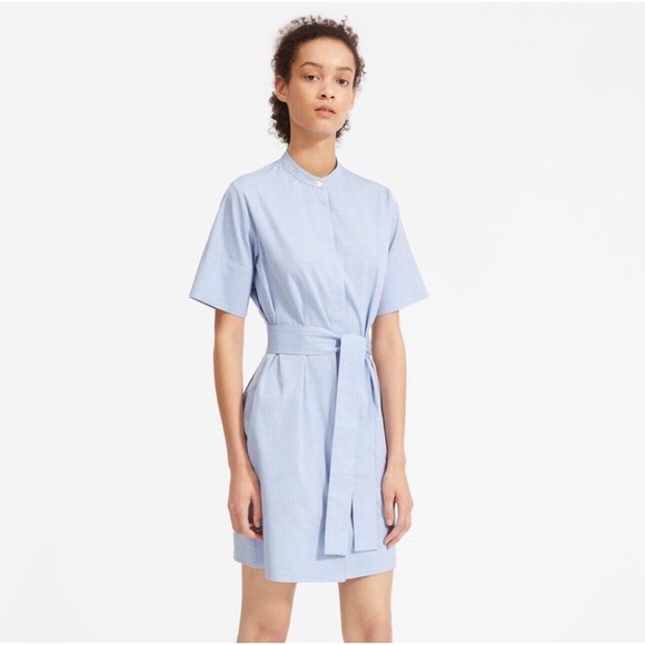 EUC Everlane Sz 2 Collarless Belted Shirt Dress. Shift Pockets. Cotton Blue - Picture 2 of 12